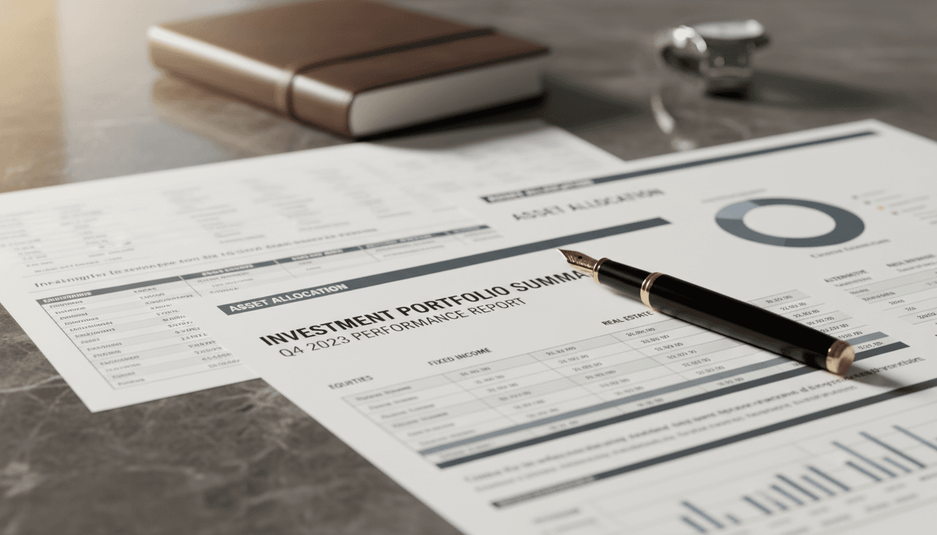 Investment documents and portfolio materials on luxury surface