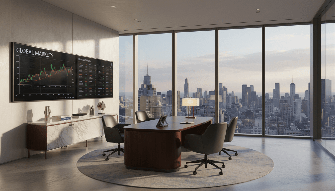 Modern luxury office with natural light and financial displays